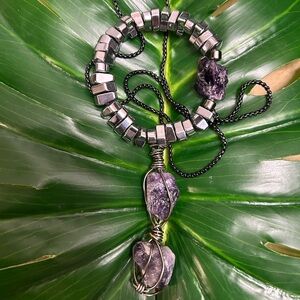 double amethyst wire wrapped hematite crystal pendant necklace & bracelet set